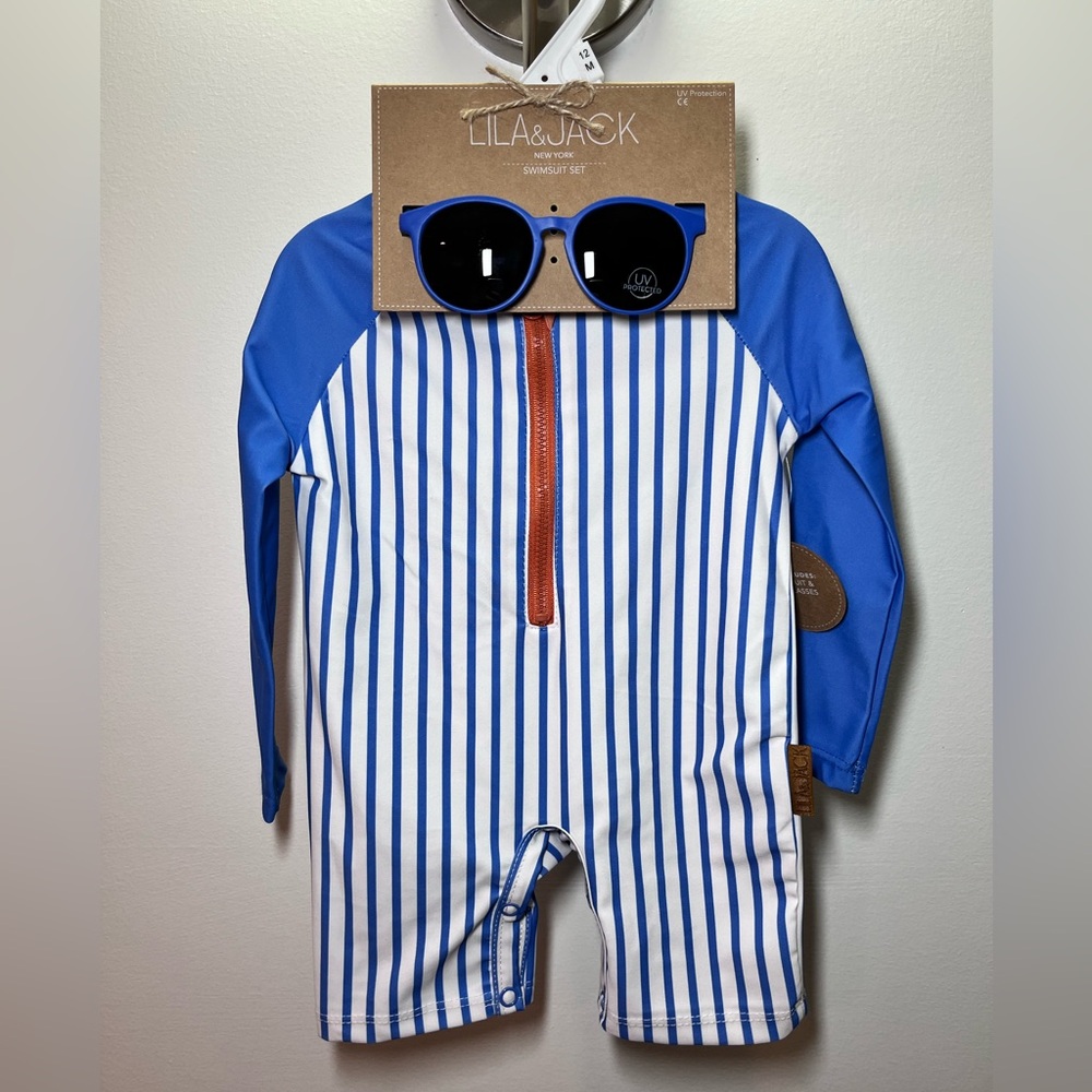 NWT Lila & Jack Blue Striped Long Sleeve Swimsuit Set with Sunglasses - 12M